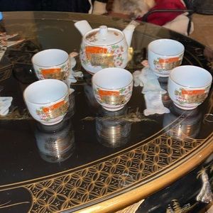 Japanese Porcelain Tea Set 6pc Teacups Teapot Vtg Kyusu Yunomi Tokoname Ware